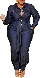 [xxxiticat] Women's Plus Size Denim Jumpsuit Long Sleeve Turn Down Collar Button Down Oversized Jean One Piece Overalls