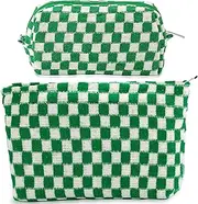 ZLFSRQ 2Pcs Checkered Makeup Bag for Women Large Small Checkered Cosmetic Bag Set Cute Aesthetic Green Makeup Pouch for Purse Travel Toiletry Bags Preppy Pencil Bags Zipper Skincare Storage Organizer