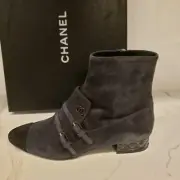 CHANEL 18B Suede Buckled Pointed Toe Short Ankle Booties Boots Grey Black $1600