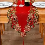 AMARED Christmas Embroidered Table Runner Cutwork Green Leaves Holiday Table Linens for Christmas Decorations 15x69 Inch