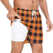 [GuoChe] Men Beach Shorts Men's 2In1 Workout Shorts Orange Black Plaid with Pockets and Compression Liner Swimming Suit
