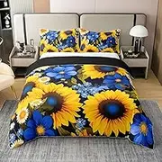 Feelyou Flower Bedding Set Twin Size Kids Sunflower Comforter Cover Set for Boys Girls Teens Botanical Floral Print 100% Cotton Duvet Cover Country Rustic Farmhouse Bedspread Cover（No Comforter
