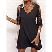 Women's Lace Dress Mini Dress Lace Patchwork Wedding Date Streetwear Basic V Neck 3/4 Length Sleeve Black Color