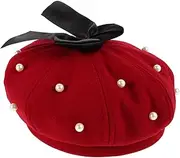 [WRITWAA] Artist Cap Pearl Beret with Bowknot Soft and Cozy Beret Hat for Stylish Occasions Dark Red