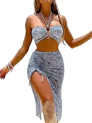 [COOLOYA] Women's 3 Piece Paisley Print Bikini Sets Bathings Suit Swimwear with Mesh Cover Ups Wrap Midi Skirts, Blue, Small