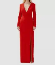 $277 Aidan by Aidan Mattox Women's Red Plunge-Neck Long Sleeve Dress Size US 2