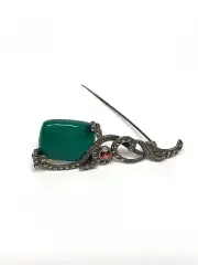 A Vintage Sterling Silver Jade, Marcasite and Garnet stones brooch