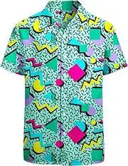 [Artsadd] 80s 90s Hawaiian Shirt for Men Big and Tall Button Down Short Sleeve Shirt Aloha Beach Shirts Funny Party Outfits