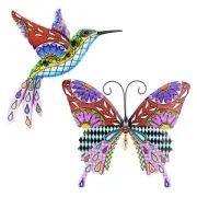 2pcs/set Backyard 3D Hummingbird Butterflies Sculpture Metal Wall Art Home Decor