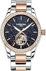 [Carnival] Womens Skeleton Automatic Mechanical Synthetic Sapphire Crystal Rose Gold Stainless Steel Lady Sapphire Waterproof White Watch