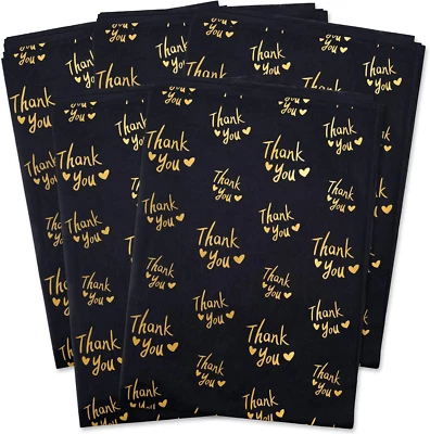 MR FIVE 100 Sheets 20" X 28" Large Black Gold Thank You Tissue Paper Bulk