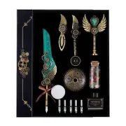 Quill Pen Set Green Feather Pen Ink Bookmarks Seals Nibs Wax Bead Envelopes W...