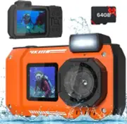 33FT Underwater Camera FHD 4K 65MP Waterproof Digital Camera Selfie ScreenOrange