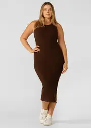 [Lorna Jane] On The Move Maxi Dress in Brown, Cotton, Size - Large L Espresso
