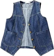 [Peaceglad] Womens Casual Jean Vest V Neck Open Front Button Down Sleeveless Denim Jacket with Pockets