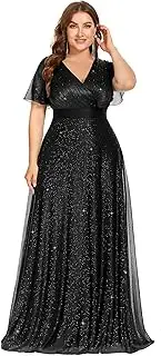 [Ever-Pretty Plus] Women's Glitter Eveing Gown V-Neck Long Shimmery Flutter Sleeve Plus Size Formal Dress