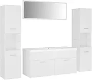 vidaXL Modern Bathroom Furniture Set in White | Includes Sink Cabinet, Two High Cabinets & Mirror | Engineered Wood & Ceramic Construction