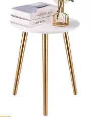 Apicizon Round Side Table White With Gold Wood Legs 16.5” LX 16.5”Wx20”H