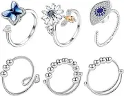 [JewelryWe] Fidget Anxiety Rings for Women Beads Spinner Rings Anxiety Relief Stacking Rings Adjustable Open Band Rings