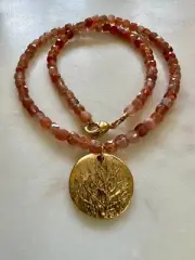 Sunstone Beaded Necklace with Gold Nature Pendant, 16 inches, Gold Plated Clasp