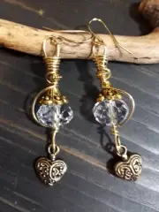 UNIQUE CLEAR FACETED CRYSTAL BEAD/ANTIQUE GOLD HEART AND WIRE WRAPPED EARRINGS