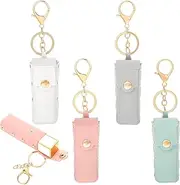 Wanmu 4Pcs Chapstick Holder Key Chain, PU Leather Lip Balm Holder Keychain, Mini Lipstick Holder, Lip Gloss Holder for Car, Pink, Blue, Gray, White
