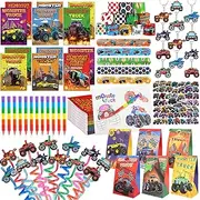 Miucat Monster Truck Party Favors Serve 12, Machine Jam Birthday Supplies include Slap Bracelet Coloring Books with Stacking Crayons Drinking Straws Keychain Stickers Gift Bags 122Pcs Kids Birthday