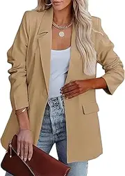 [MGizo DtiSpectrum] Women's Blazer - Loose Fit Single Breasted Suit Jacket with Open Front for Work Long Sleeve Business Jacket with Lapel Collar, Beige, S