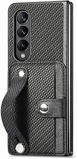 Asuwish Phone Case for Samsung Galaxy Z Fold 3 5G 2021 and Cell Accessories with Wrist Strap Credit Card Holder Slot Stand Kickstand Protective Slim Hybrid ZFold3 Z3 Fold3 3Z ZFold35G Women Men Black