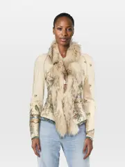 Abstract Print Wool Fur Trim Top