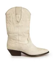 Ecru Leather Distressed Effect Embroidered Cowboy Boots