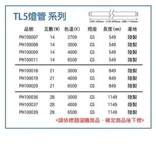 40入 【PHILIPS飛利浦】 TL5 28W / 865 三波長日光燈管 陸製 PH100039