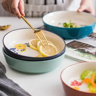 北歐風家居四季花系列湯盤陶瓷家用中式創意圓形盤子裝菜盤深盤