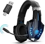 PHOINIKAS Gaming Headset Wireless Headphones for PS4/PS5/Switch/PC, 2.4GHz Dongle and 3.5mm Audio Cable, Removable Noise Cancelling Microphone, 7.1 Stereo, LED Lights