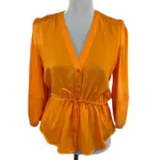 DKNY Satin Tangerine Orange Button Up Tie Waist Blouse NWT - Women's Size S