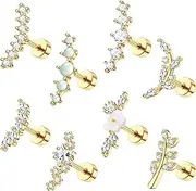 [Kakonia] 8Pcs 16G Cartilage Earring Set Stainless Steel Flower Opal CZ Stud Earrings Flat Back Cartilage Conch Helix Piercing Jewelry for Women
