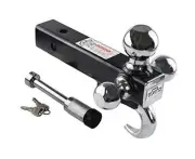 64180L Trailer Receiver Hitch Triple Ball Mount with Hook, Chrome Ball w/ Lock