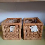 IKEA Branas Set of 2 Square Natural Rattan Woven Wicker Storage Cube Baskets NWT