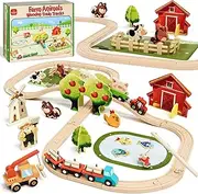 [Lehoo Castle] Wooden Toys, Wooden Train Set, Toy Trains & Train Sets, Kids Toys for 3 4 5 Year Old Boys with Fishing Game, STEM Toy for Boys Girls
