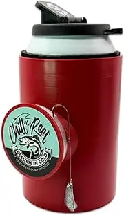 Made in USA | Fishing Can Cooler from Shark Tank | Hard Shell Drink Holder with Hand Line Reel | Fits Most Can Sleeves or Coozies | Unique Fishing Gift for Men | Shrinkwrapped | Crimson