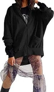 [Generic] Women's Knit Zip-Up Sweater Jacket - Long Sleeve Hooded Textured Cardigan with Pockets