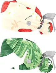 [WOSHJIUK] Working Hat 2 Pack Scrub Caps for Women,Fruit Floral Strawberries,Tie Back Cap Adjustable Scrub Hat