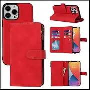 FROLAN for iPhone 13 Pro Max Case Wallet with Card Holder for Women and Men, Detachable 2 in 1 Retro PU Leather Magnetic Flip Zipper Wrist Strap Wallet Phone Cover for iPhone 13 Pro Max 6.7", Red