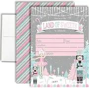 Amanda Creation Christmas Invitations with Envelopes – Nutcracker Land of Sweets, 8 Pack 5x7 Double Sided Fill-In Invite Cards with Twenty White Envelopes Perfect for Christmas Birthday Parties