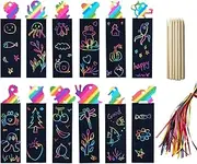 Animal Bookmarks Set for Children - 48 Pieces Rainbow Scratch Art With 24 Wooden Stylus and 48 Colorful Ribbons for Kids, Girls Party Tags