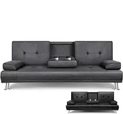 ALFORDSON 3-Seater Sofa Bed Lounge Convertible with Adjustable Backrest Recliner, Couch Futon Loveseat with Linen Upholstery Blind Tuft, Guest Sleeper Daybed Chair with Cup Holder,188cm, Dark Grey