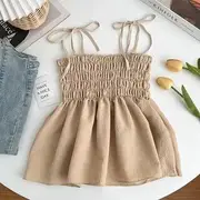 Tie Shoulder Plain Shirred Peplum Camisole Top Almond - One Size