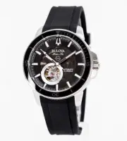 Bulova Automatic Black Dial Marine Star Leather Band Men's Watch 96A288