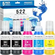 PROSWIFT 522 High Capacity Ink Refill Bottles Remanufactured for Epson T522 522 Ink Refill Bottles for Eco Tank ET-2800 ET-4800 ET-2400 ET-2803 ET-2720 ET-4700 Printer (Not Subi, 5 Pack, 550ml)