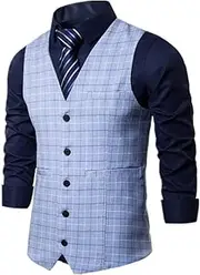[HEYDHSDC] Mens Striped Sleeveless Vest Single Breasted V-Neck Suit Vests For Wedding Office Business Waistcoat Light Blue L